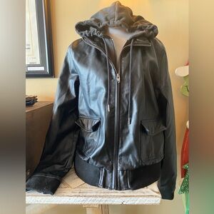 Thread & Supply women’s black vegan leather hooded  jacket L